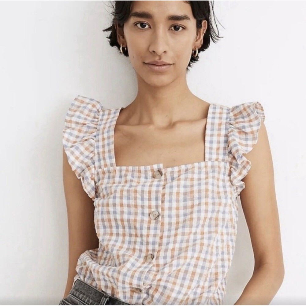 Madewell Tan & Blue Gingham Seersucker Ruffle-Strap Button-Up Tank Top size S